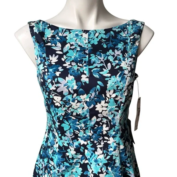 NWT, Maggy London Fit and Flare Sleeveless Summer Dress, Navy and Aqua, Sz 8 - Picture 8 of 16